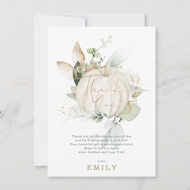 Soft Green Gold Botanical Pumpkin Bridal Shower Thank You Card (Front)