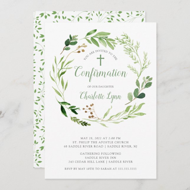 Soft Green Leaf Confirmation Invitation (Front/Back)