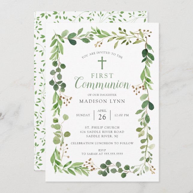 Soft Green Leaf First Communion Invitation (Front/Back)