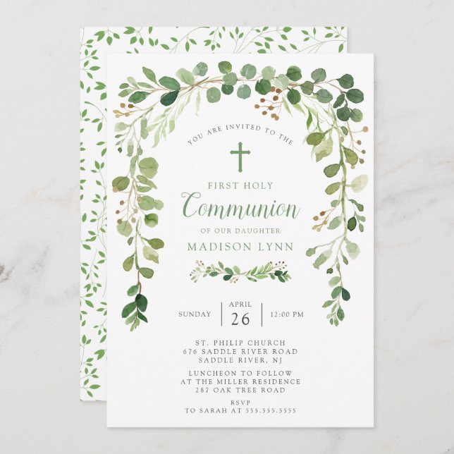 Soft Green Leaf First Communion Invitation (Front/Back)