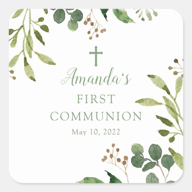 Soft Green Leaf First Communion Sticker (Front)