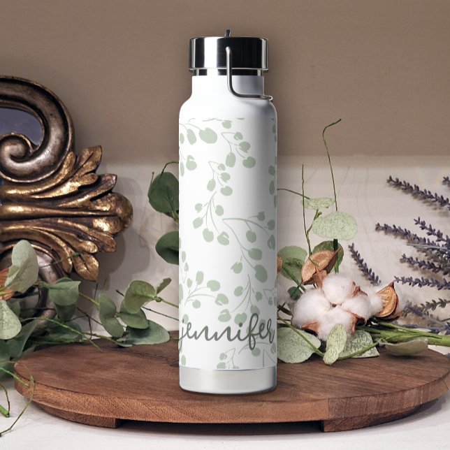Soft Green Leaf Floral Modern Add Name Water Bottle (Creator Uploaded)