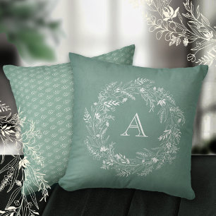 Soft green leafy wreath letter A Cushion