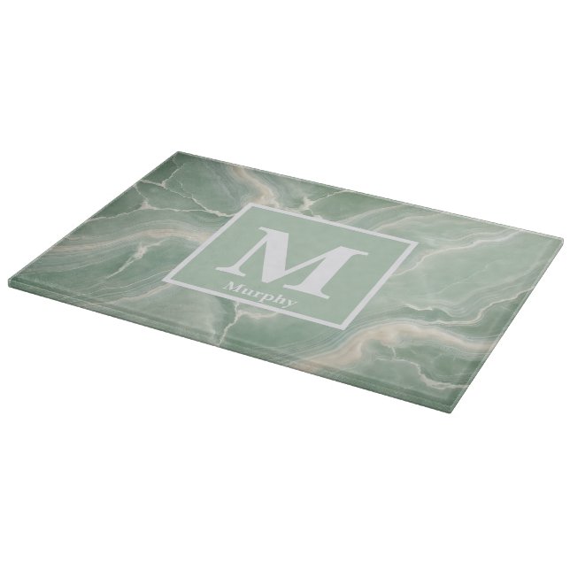 Soft Green Marble with White Veins Monogram Cutting Board (Corner)