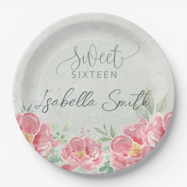 Soft Green & Pink Floral Sweet Sixteen  Paper Plate (Front)