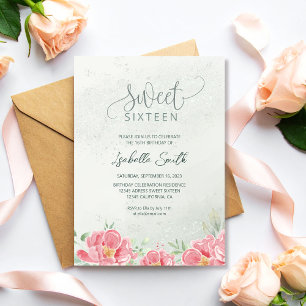 Soft Green & Pink Glitter Floral Sweet 16 Birthday Invitation