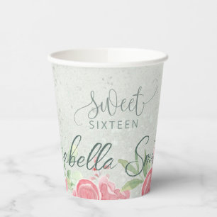 Soft Green & Pink Glitter Floral Sweet Sixteen Bir Paper Cups