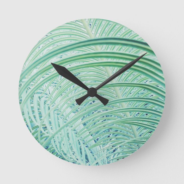 Soft Green Plant Palm Leaf Round Clock (Front)