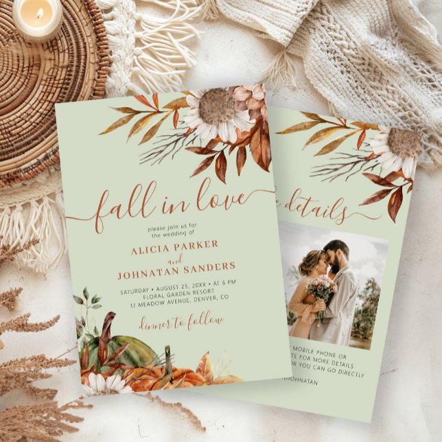 Soft green rust leaves boho floral fall wedding invitation (Creator Uploaded)