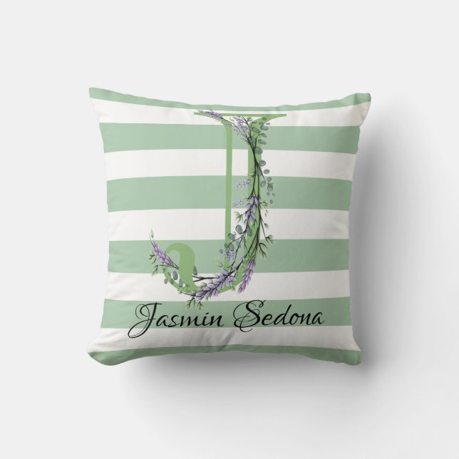 Soft green strips monogram lavender greenery cushion (Front)