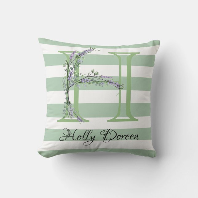 Soft green strips monogram lavender greenery cushion (Front)