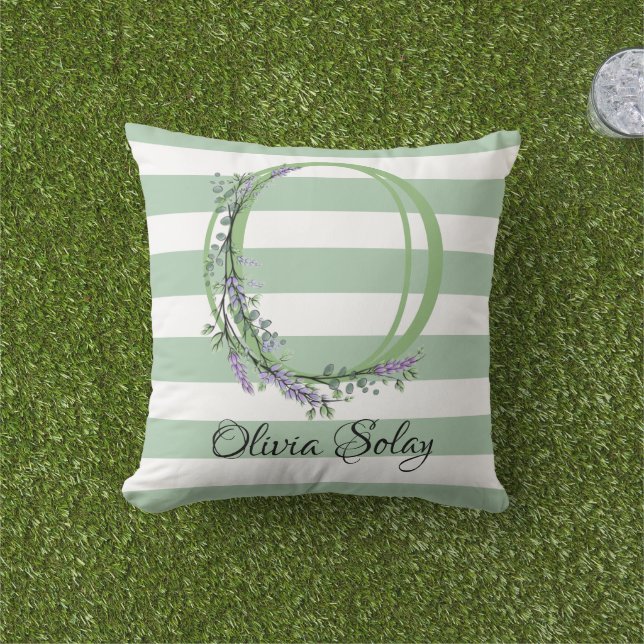 Soft green strips monogram lavender greenery cushion (Grass)