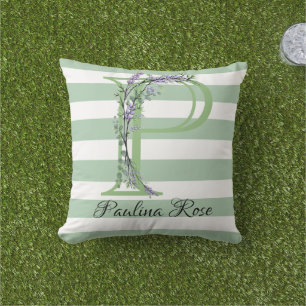 Soft green strips monogram lavender greenery cushion