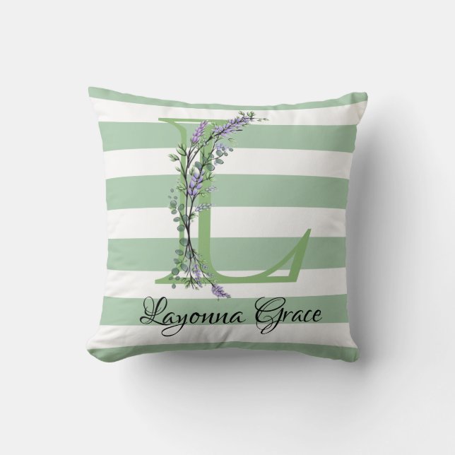 Soft green strips monogram lavender greenery cushion (Front)