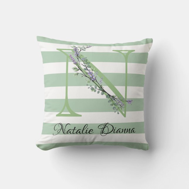 Soft green strips monogram lavender greenery cushion (Front)