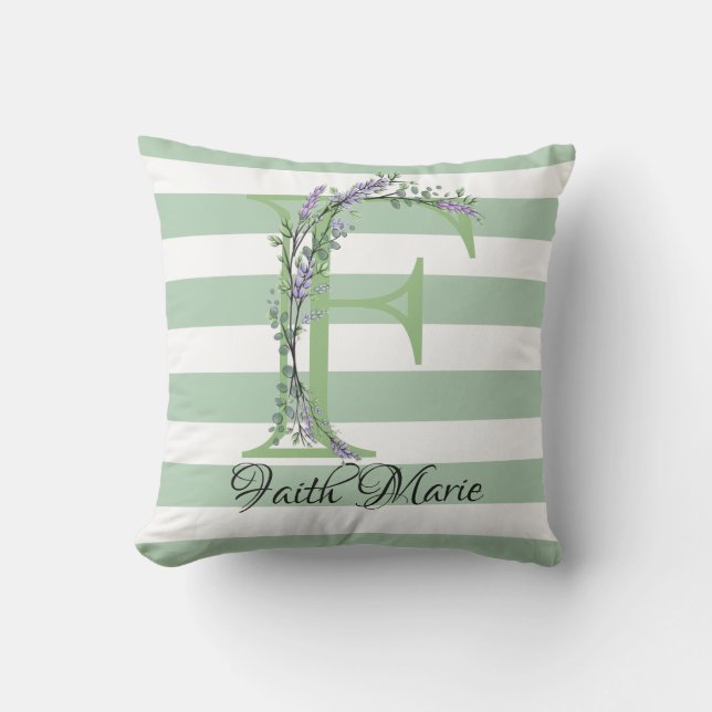 Soft green strips monogram lavender greenery cushion (Front)