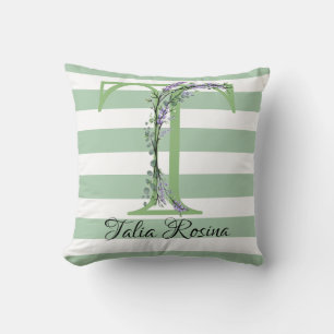 Soft green strips monogram lavender greenery cushion