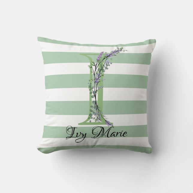 Soft green strips monogram lavender greenery cushion (Front)
