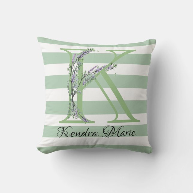 Soft green strips monogram lavender greenery cushion (Front)