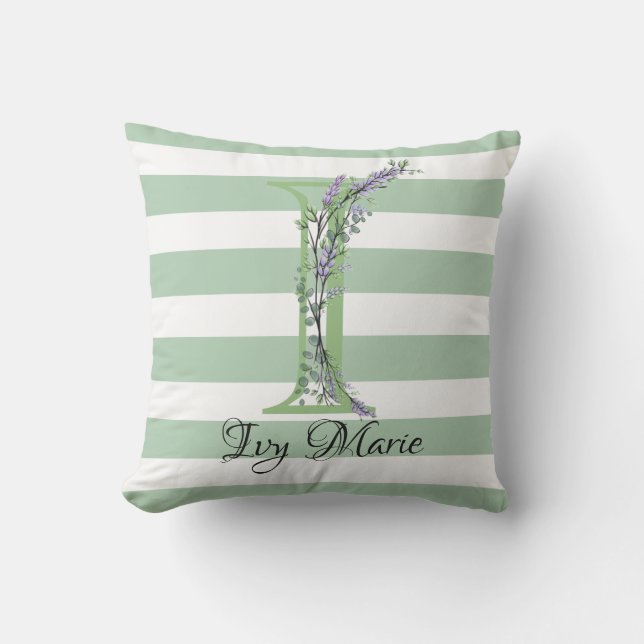 Soft green strips monogram lavender greenery cushion (Front)