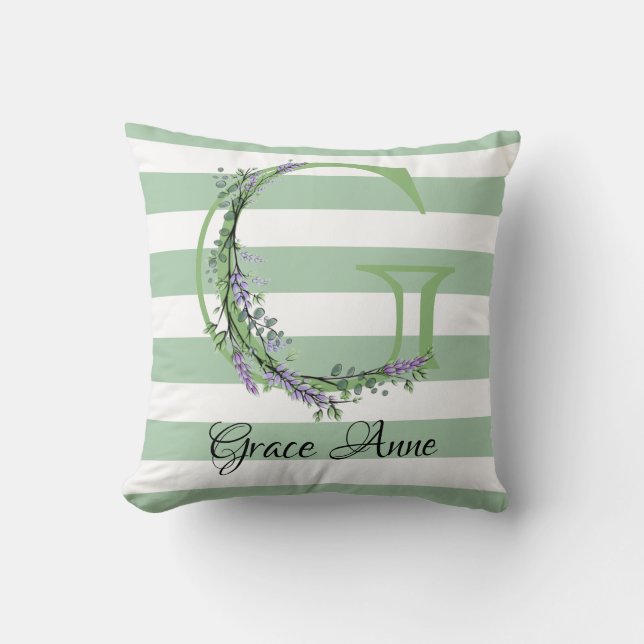 Soft green strips monogram lavender greenery cushion (Front)