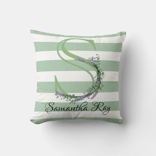 Soft green strips monogram lavender greenery cushion (Front)