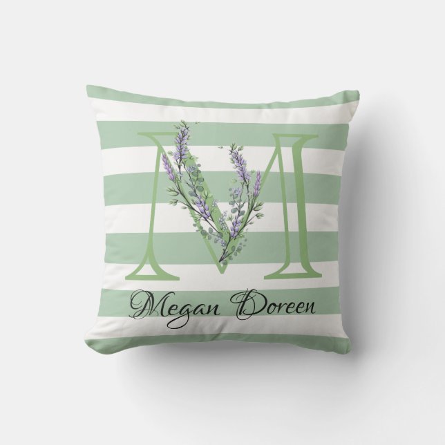 Soft green strips monogram lavender greenery cushion (Front)