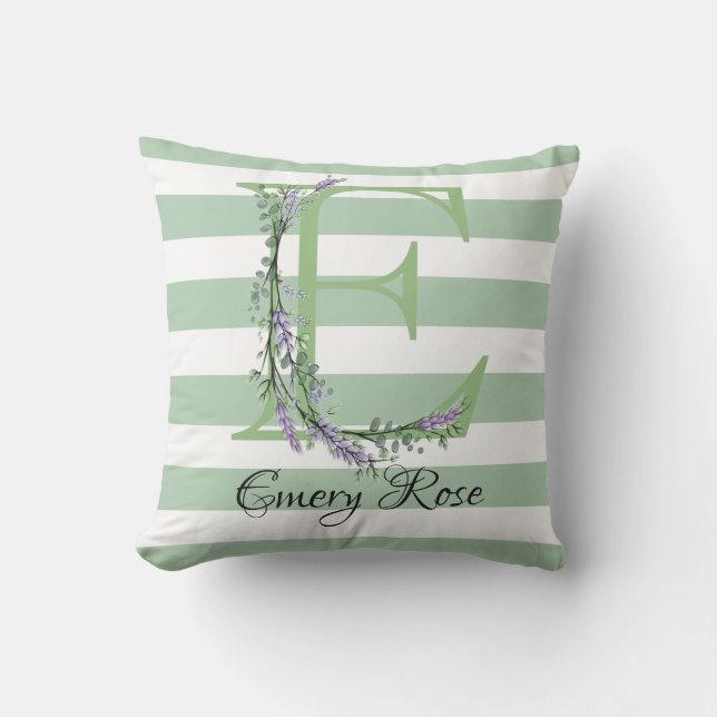Soft green strips monogram lavender greenery cushion (Front)