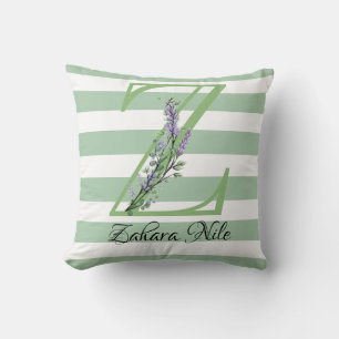 Soft green strips monogram lavender greenery throw cushion