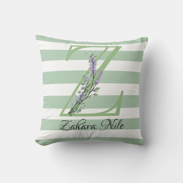 Soft green strips monogram lavender greenery throw cushion (Front)