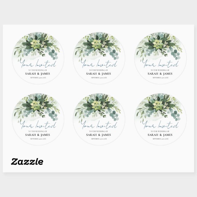 Soft Green Succulent Wedding Floral Botanical  Classic Round Sticker (Sheet)