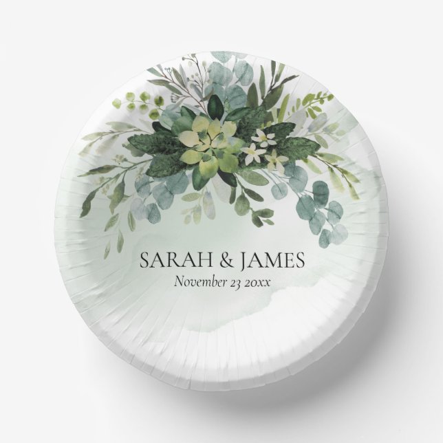 Soft Green Succulent Wedding Floral Botanical Paper Plate (Front)