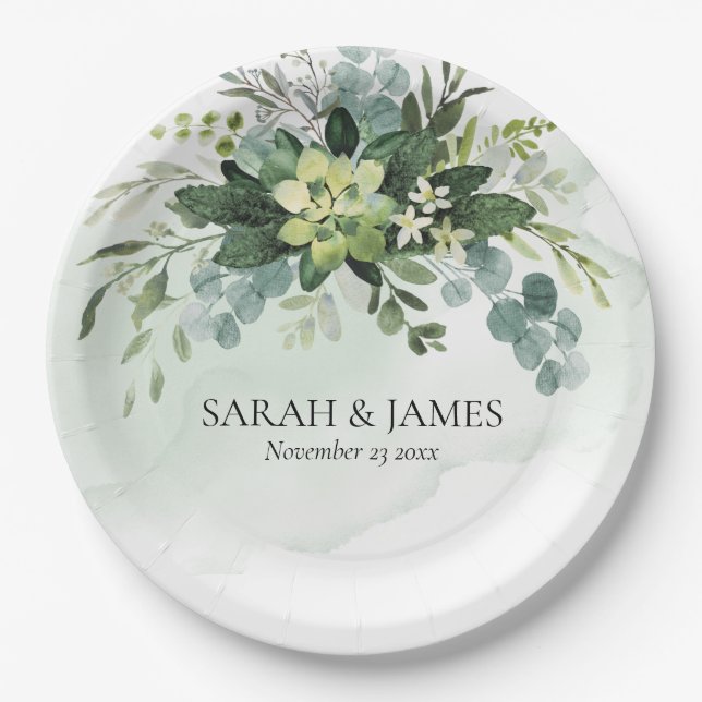 Soft Green Succulent Wedding Floral Botanical Paper Plate (Front)