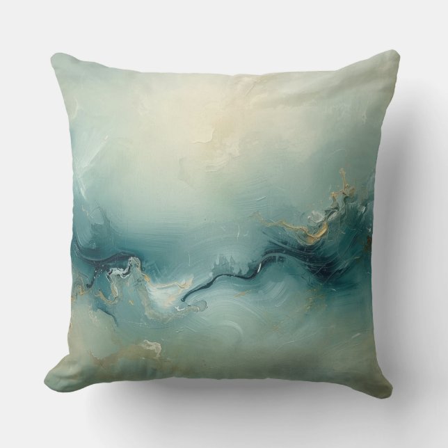 Soft Green Teal Blue Champagne Abstract Ocean Cushion (Front)