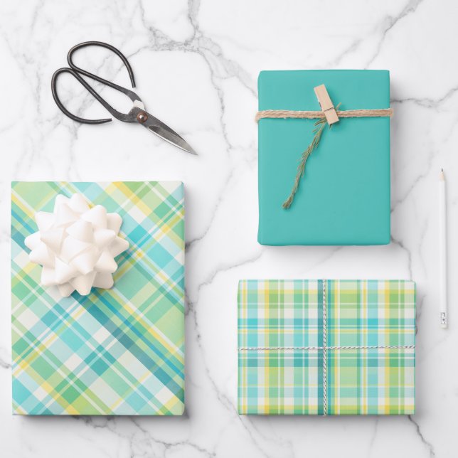 Soft Green, Teal, Blue, Yellow & White Plaid Wrapping Paper Sheet (Front)