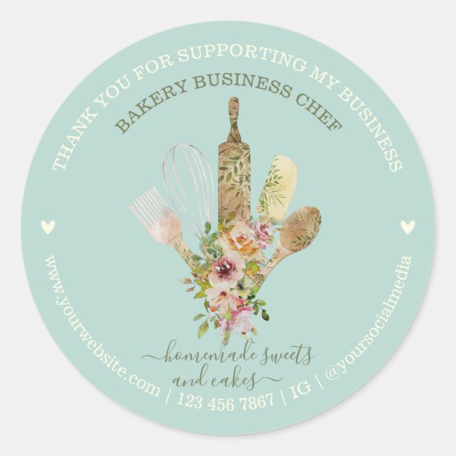 Soft Green Teal Food Store Catering Bakery Chef Classic Round Sticker (Front)