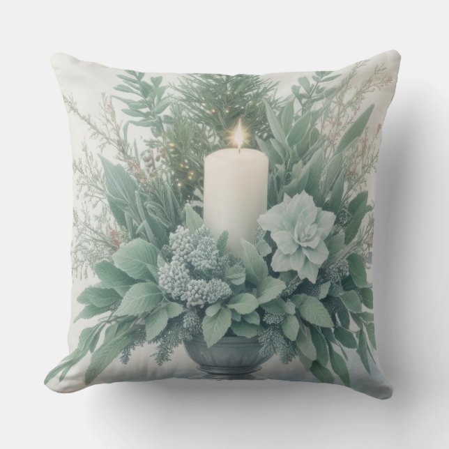 Soft Green Tones Christmas Candle Cushion (Front)