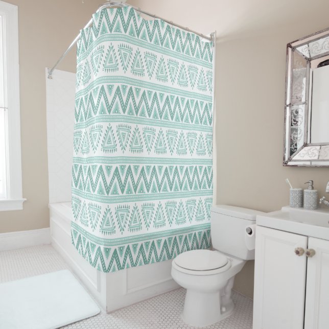 Soft Green Tones Tribal Geometric Pattern Shower Curtain (In Situ)