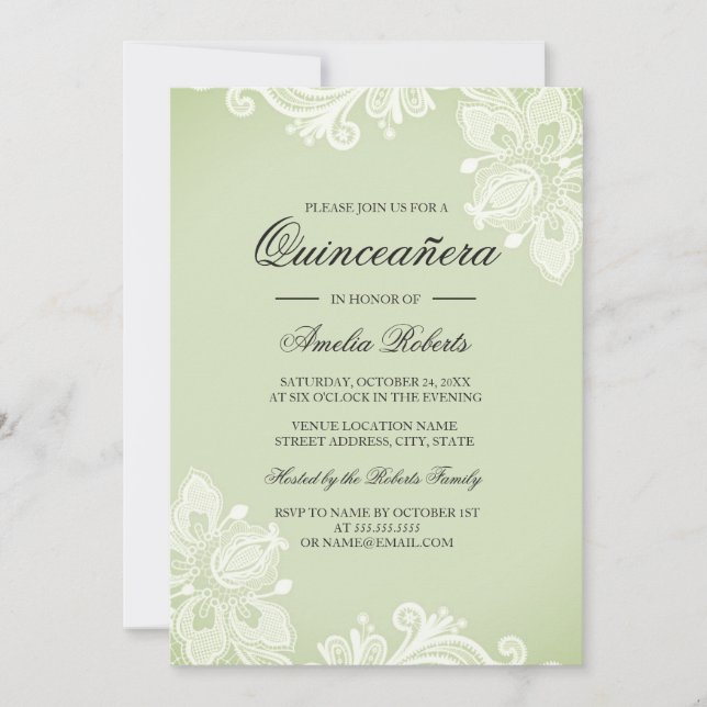 Soft Green Vintage Lace Quinceanera Invitation (Front)