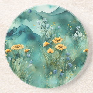 Soft Green watercolor landscape wildflowers Coaster