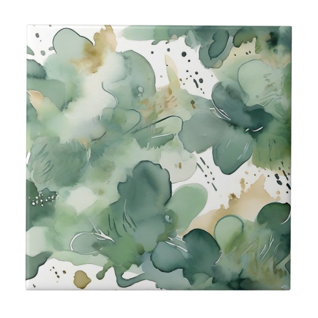 Soft Green Watercolor Modern Pattern Ceramic Tile (Front)