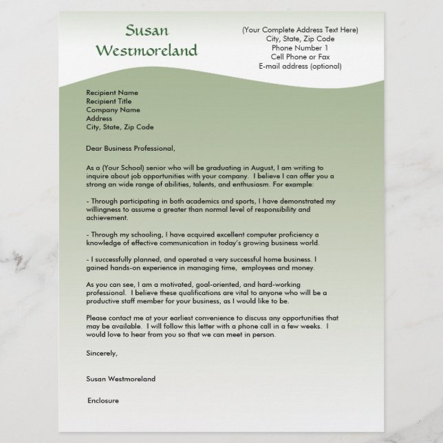 Soft green Wave Custom Cover Letter Template (Front)