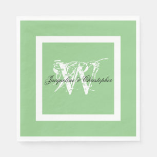 Soft Green Wedding White Monogram & Names Paper Napkin
