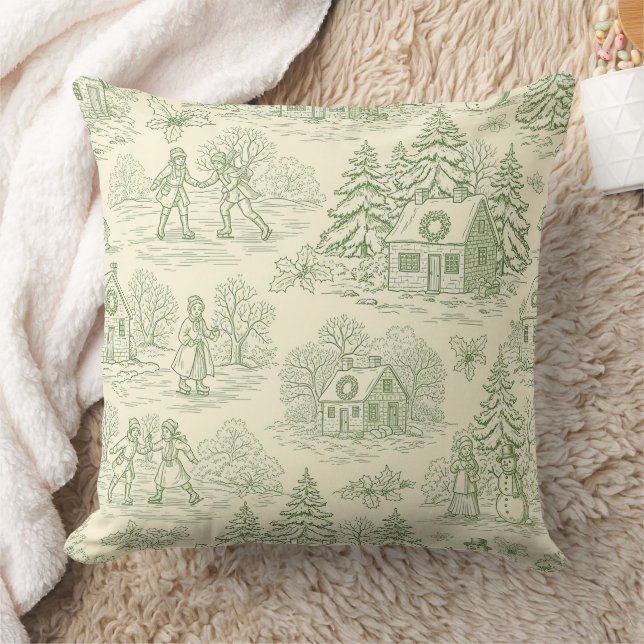 Soft Green Winter Village Toile Pattern Cushion (Blanket)