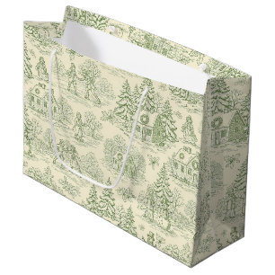 Soft Green Winter Village Toile Pattern Large Gift Bag