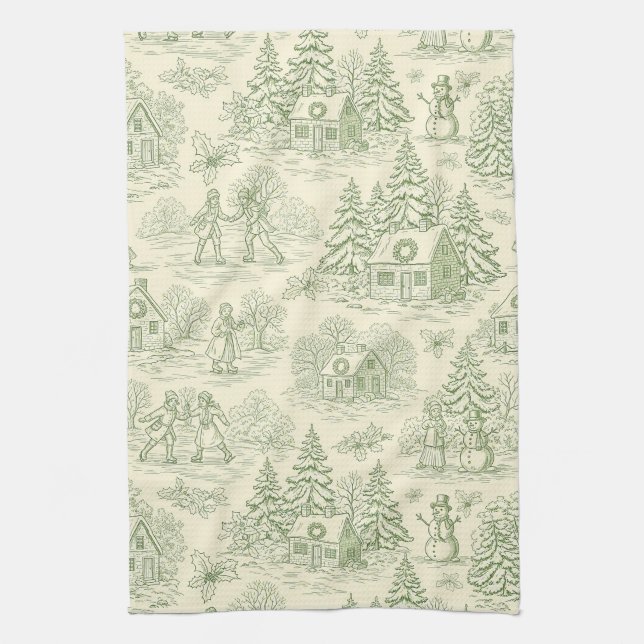 Soft Green Winter Village Toile Pattern Tea Towel (Vertical)
