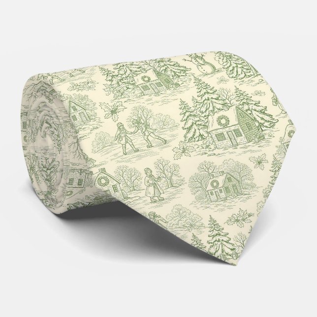 Soft Green Winter Village Toile Pattern Tie (Rolled)