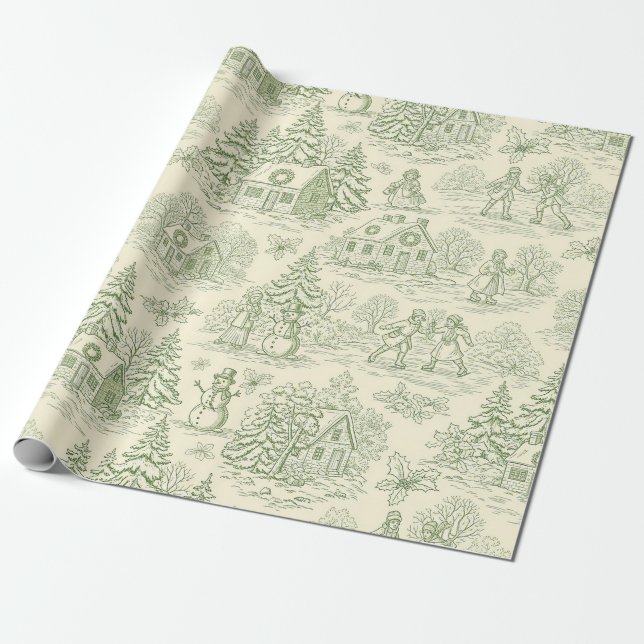 Soft Green Winter Village Toile Pattern Wrapping Paper (Unrolled)