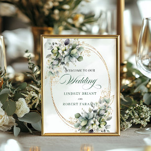 Soft Greenery and Gold Wedding Welcome Sign