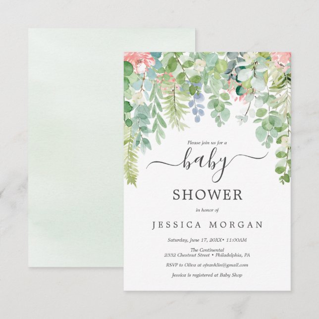 Soft Greenery Baby Shower Invitation Card (Front/Back)